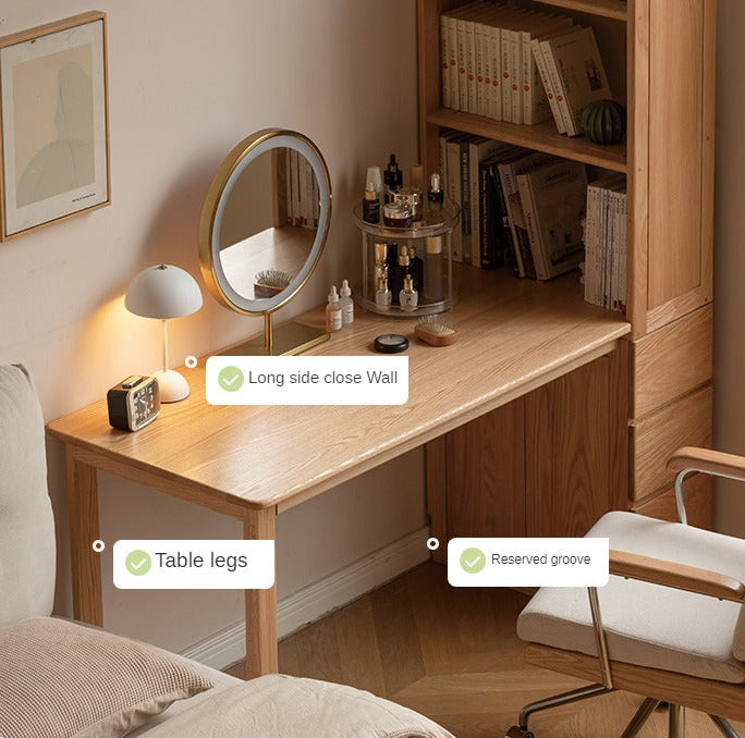 Oak Solid Wood Desk with Bookshelf and Drawer