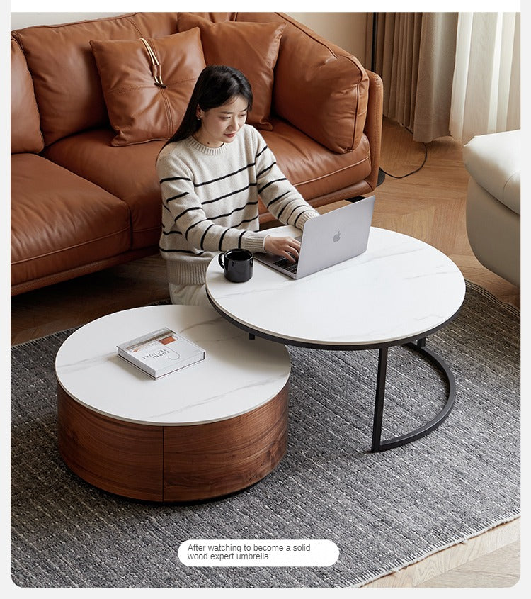 Black Walnut Solid Wood Light Luxury Round Rock Plate Coffee Table