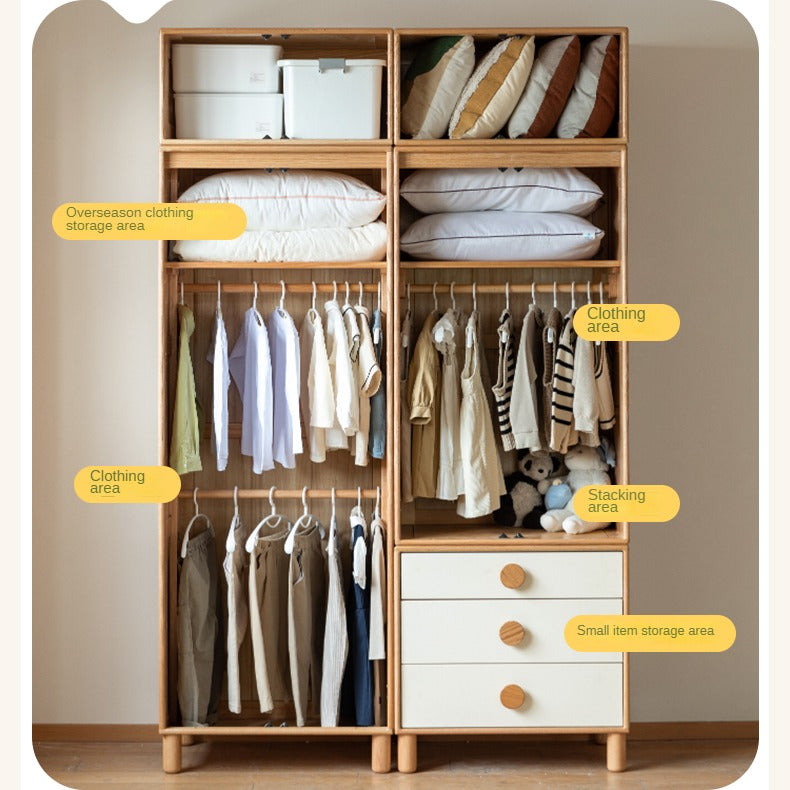 Oak Solid Wood Children's Wardrobe Combination Storage Cabinet