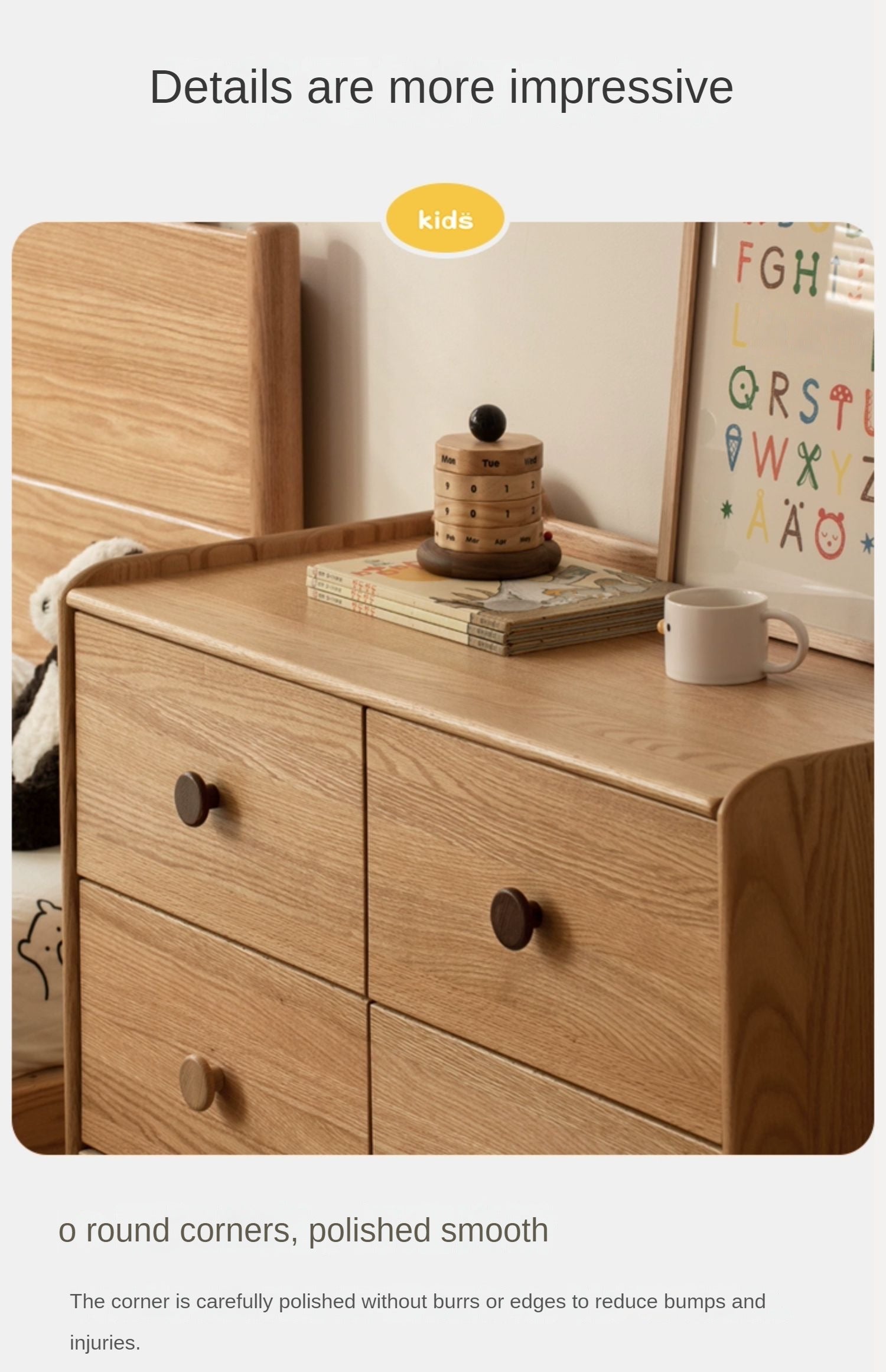 Oak Solid Wood Children's Drawer Cabinet