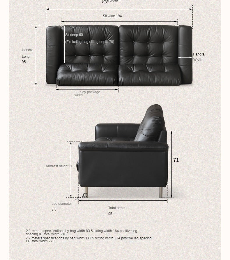 Leather Light Luxury Black Straight Sofa,