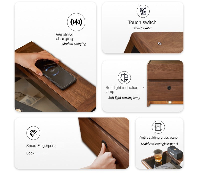 Cherry, Black Walnut, Sandalwood Solid Wood Wireless Charging with Lock Smart Nightstand.