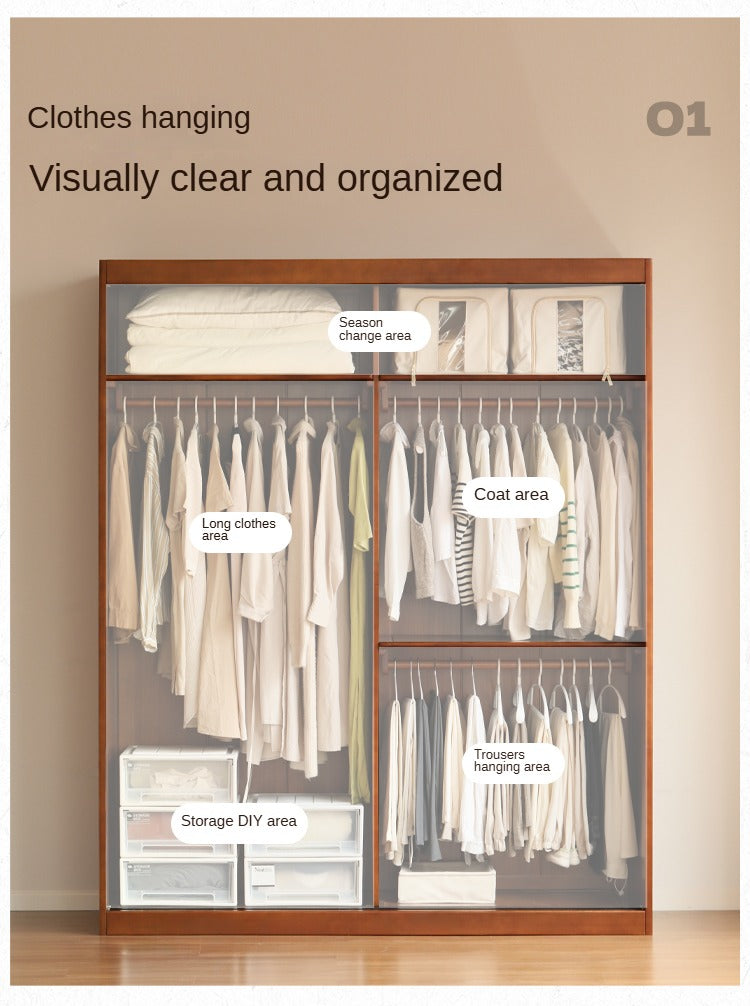 Poplar Solid Wood Wardrobe Retro Sliding Door Wardrobe.