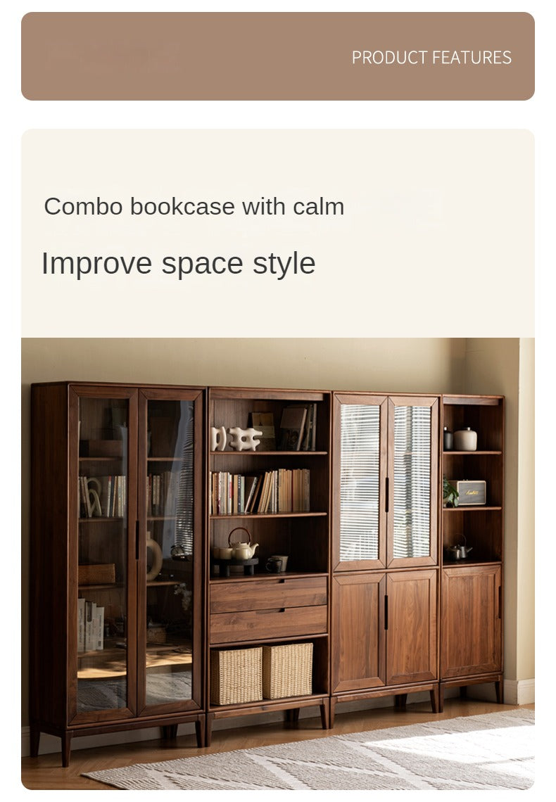 Black Walnut, Ash Solid Wood Combination Dust-Proof Glass Door Bookshelf