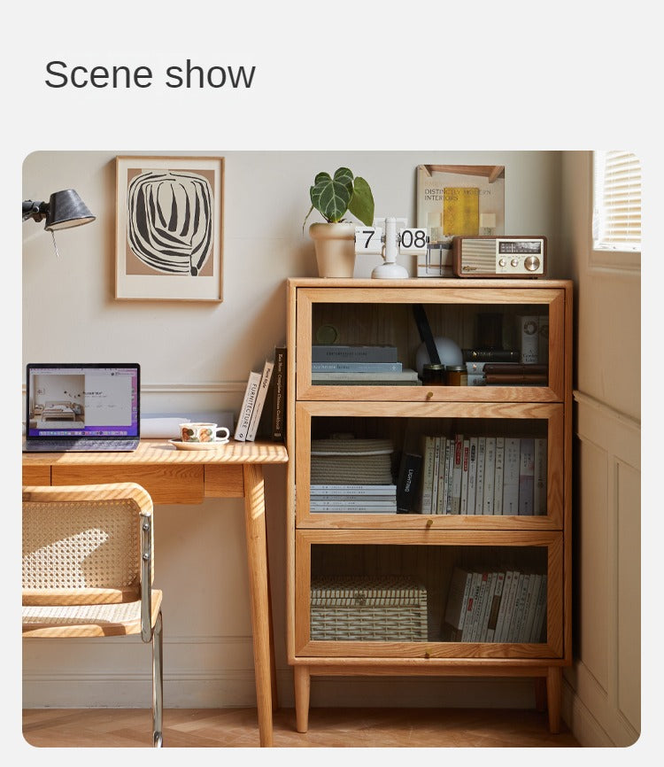 Solid Rubberwood, Oak Solid Wood Multi layer Flip Door Glass Bookcase