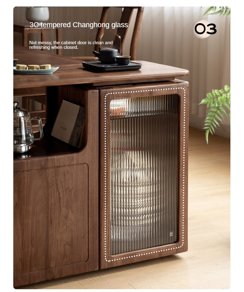 Black Walnut, Oak Solid Wood Movable Tea Cabinet With Tea Maker