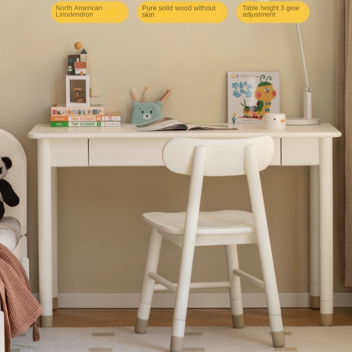 Poplar Solid Wood, Solid Rubberwood Kids Elevated Learning Cream Drawer Table