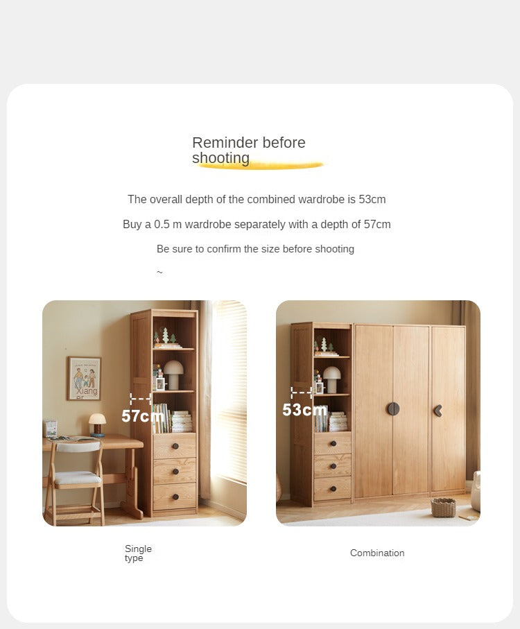 Oak Solid Wood Children's Wardrobe, Bookcase Combination