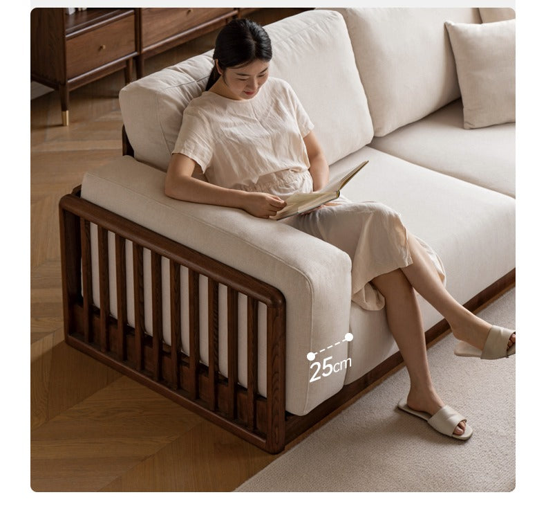 Ash Solid Wood Floor Fabric Tofu Block Sofa.