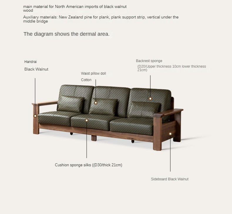 Black Walnut Solid Wood Modern Straight Sofa.