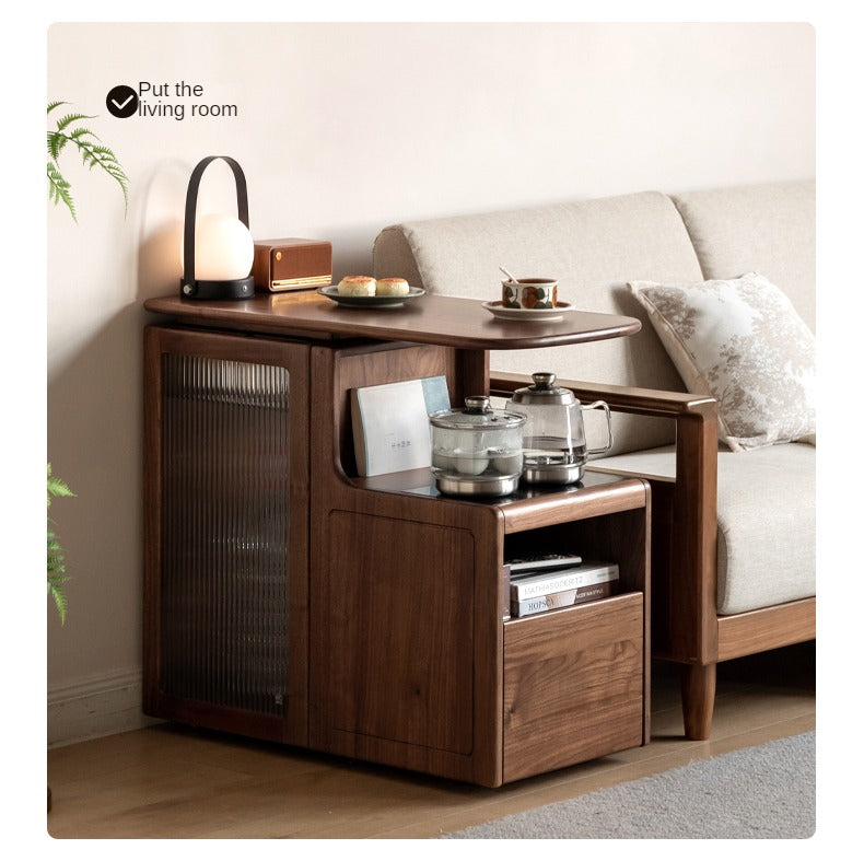 Black Walnut, Oak Solid Wood Movable Tea Cabinet With Tea Maker