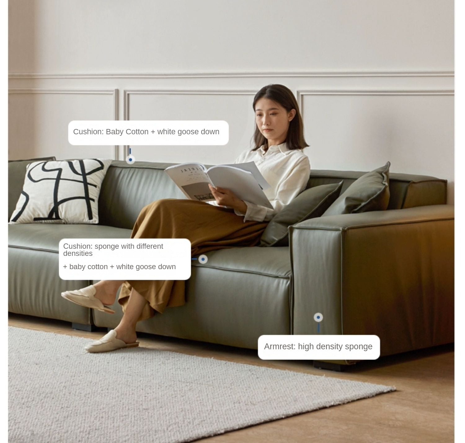 First Layer Yellow Cowhide Italian Tofu Block Sofa.