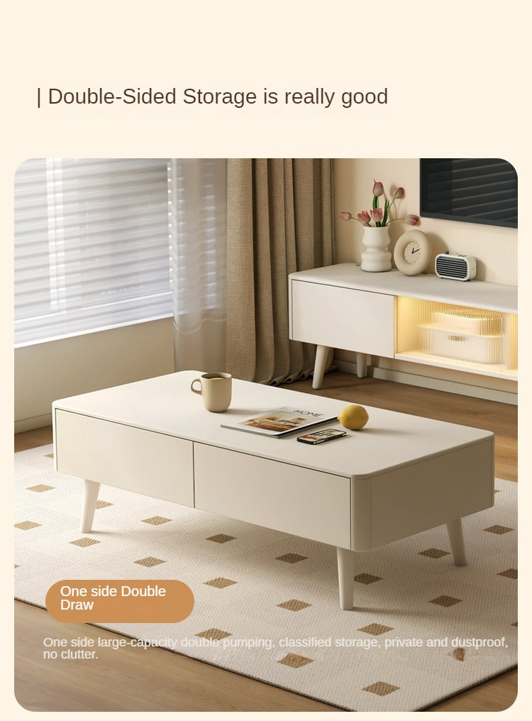 Rubber Solid Wood White Cream Style Rock Plate Coffee Table