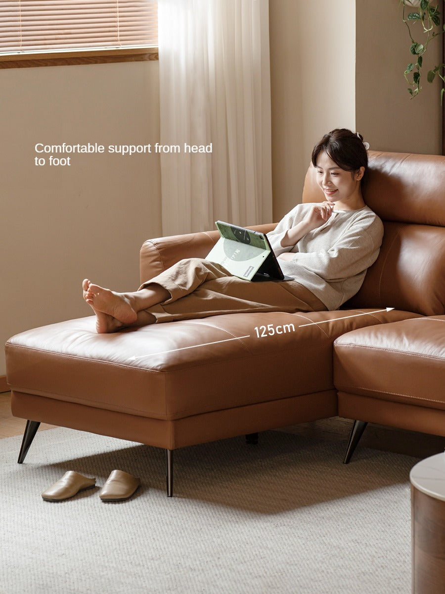 First-layer Yellow Cowhide Leather Sofa Light Luxury Italian Style.