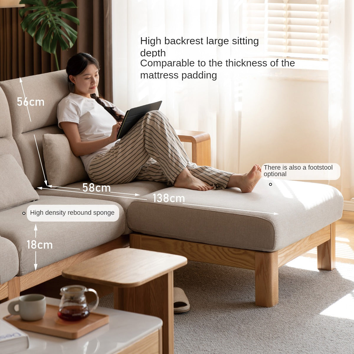 Oak Solid Wood Modern Log Style Corner Fabric Sofa.