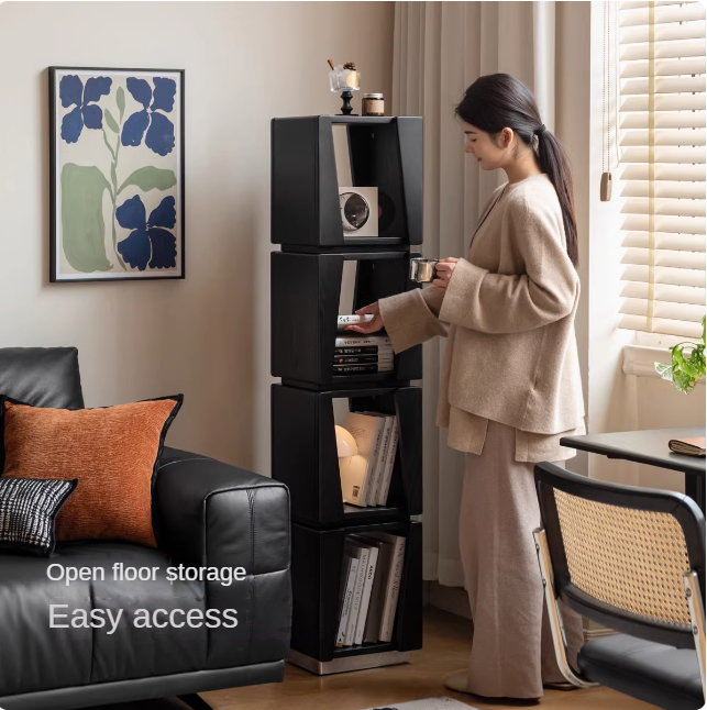 Oak solid wood floor-standing narrow bookshelf.