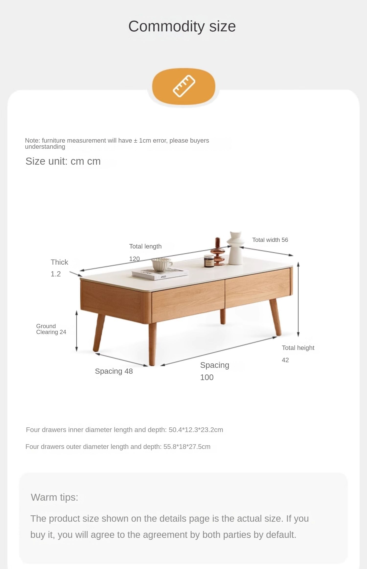 European Beech Solid Wood Storage Rock Board Coffee Table