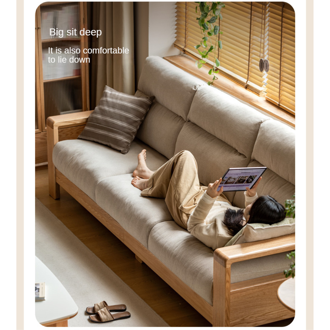 Oak Solid Wood Fabric Straight Sofa Modern.