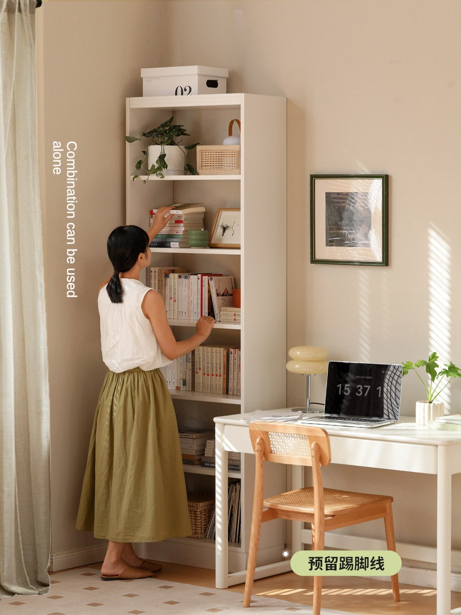 Poplar, Rubber Solid Wood Bookshelf Wall-To-Ceiling Shelf White Cream Style