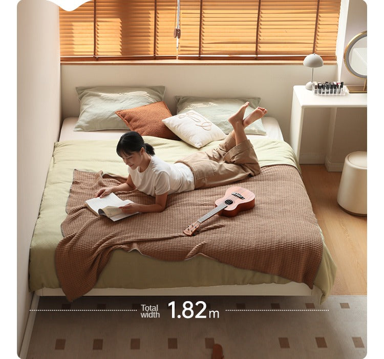 Rubberwood Solid Wood White Cream Platform Bed, Headboard-Free Bed