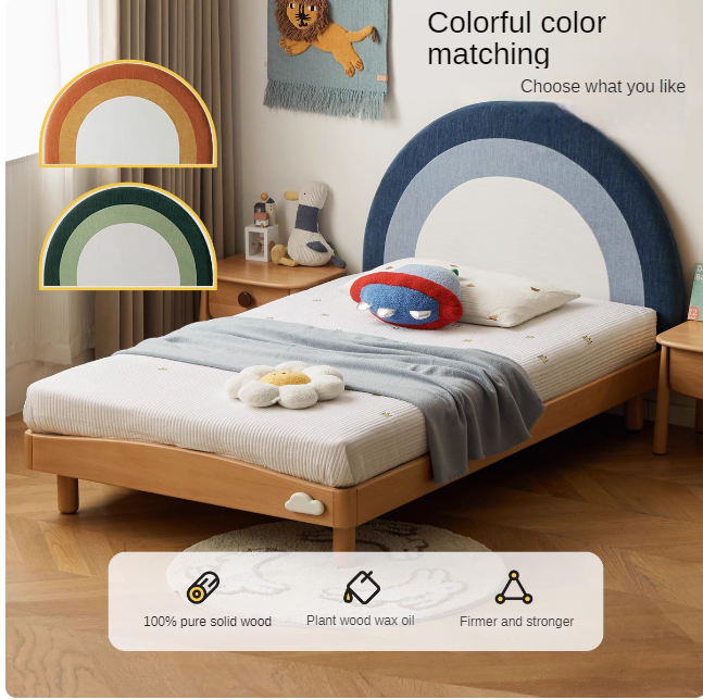 Beech Solid Wood Children's Rainbow Montessori Platform Bed.