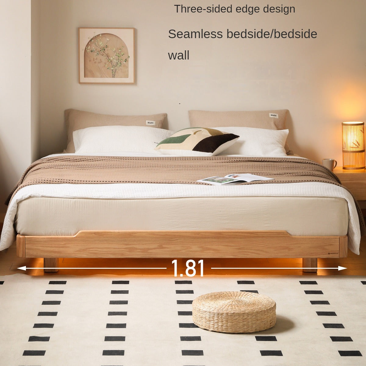 Oak, Beech Solid wood modern platform bed, headboard-free suspended bed with light