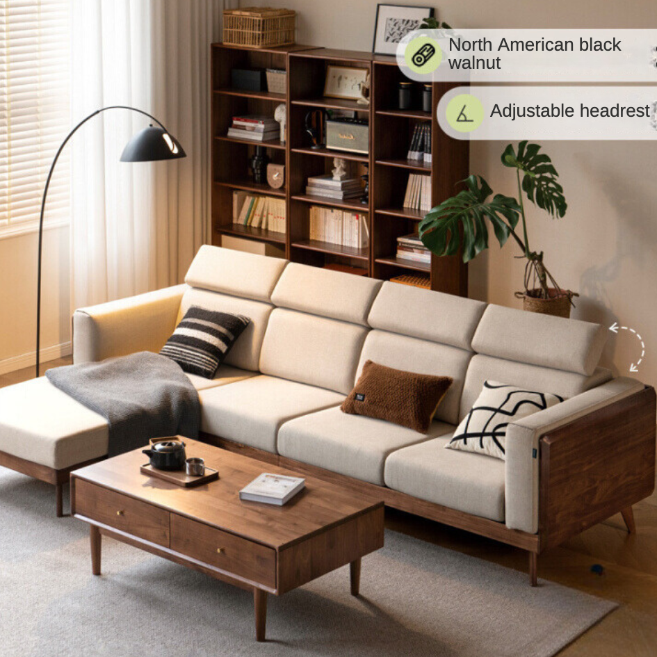 Black Walnut, Ash Solid Wood Adjustable Headrest Sofa.