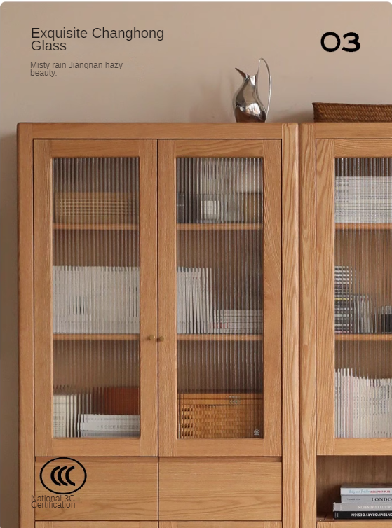 Oak Solid Wood Bookcase With Glass Door.