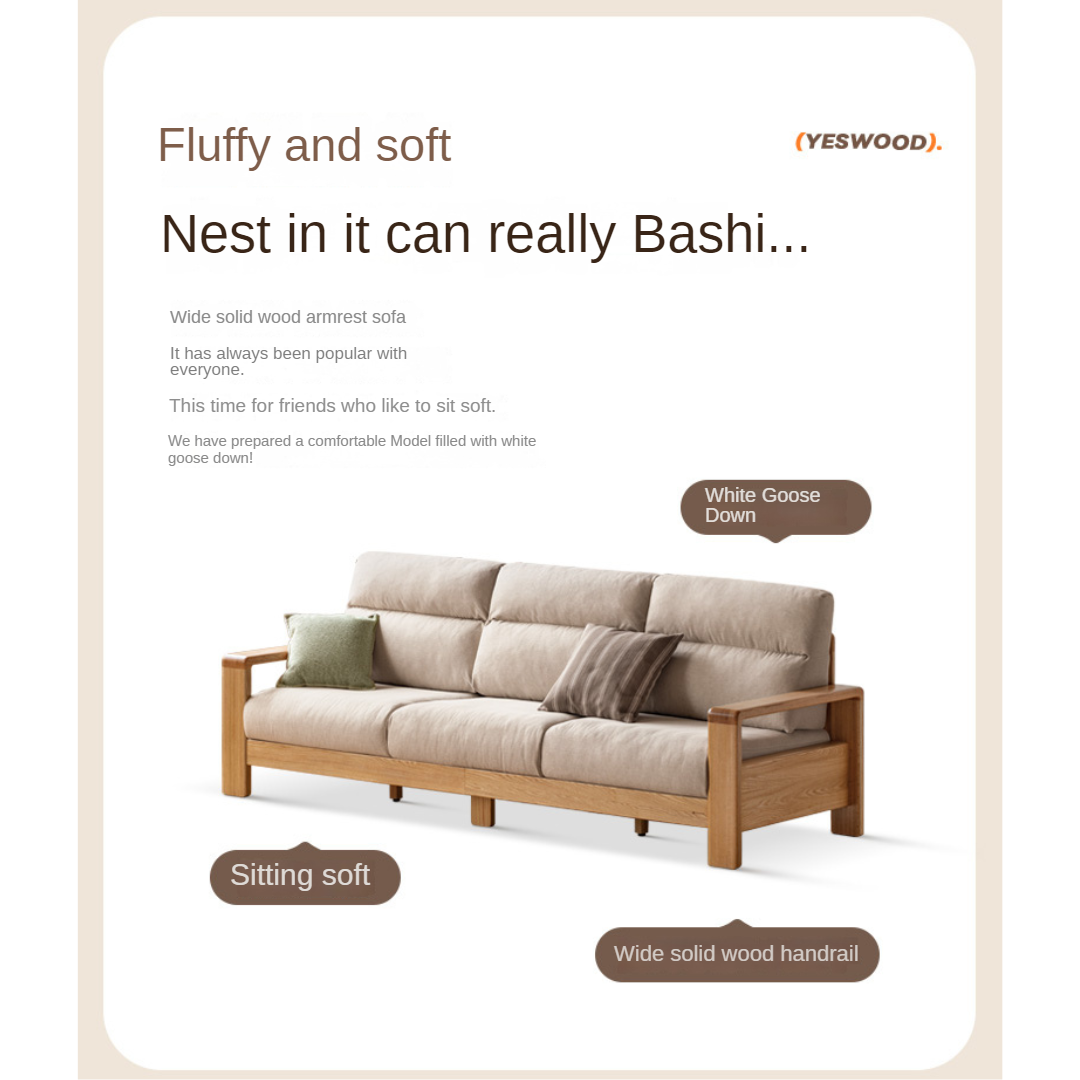 Oak Solid Wood Fabric Straight Sofa Modern.