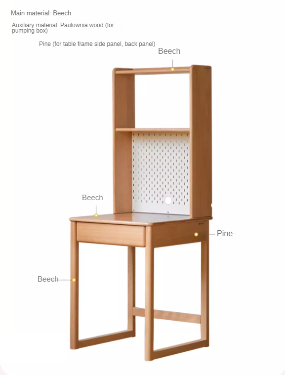 Beech, Rubber Solid Wood Children's Desk Bookshelf Integrated