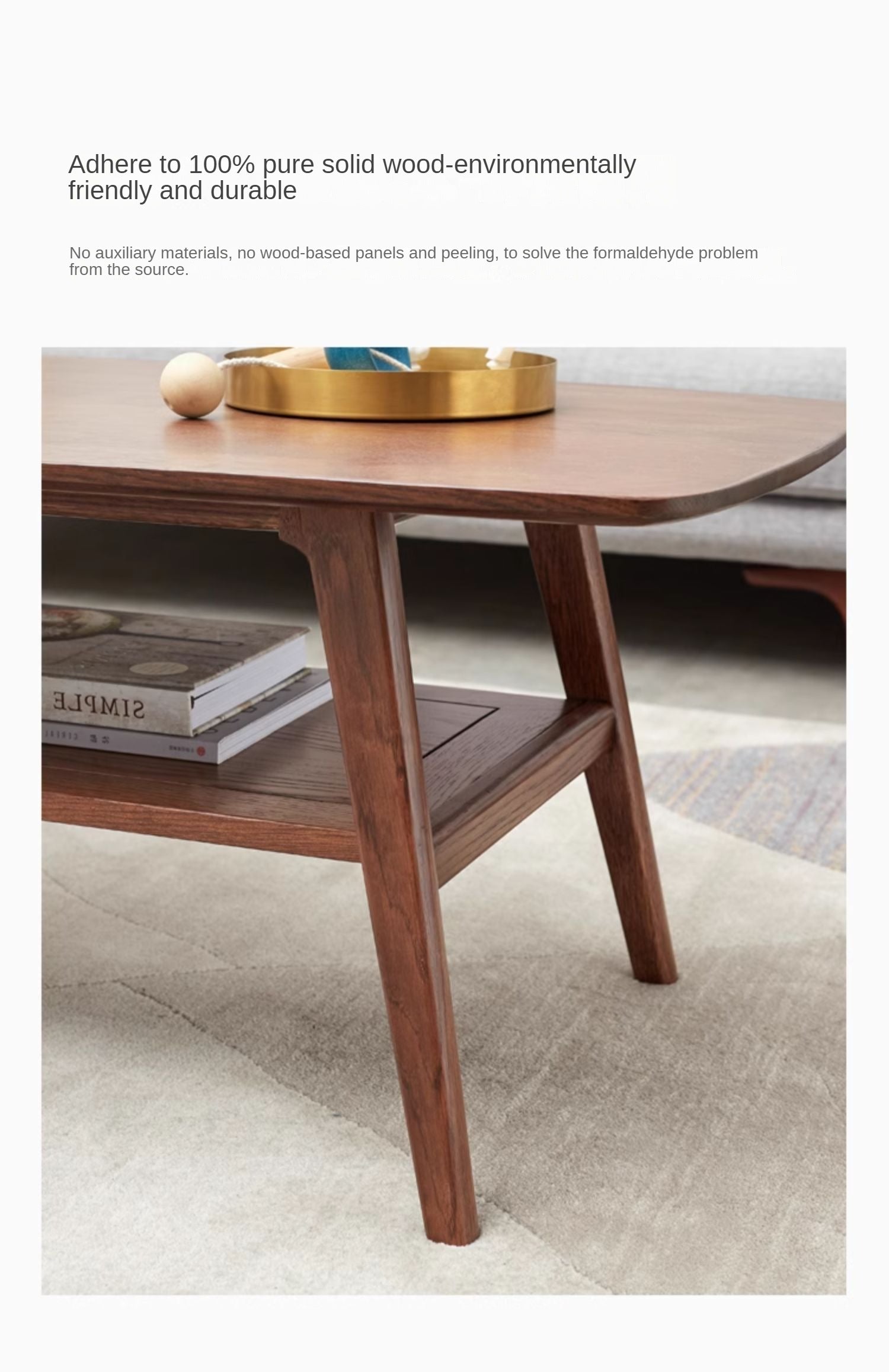 Solid Rubberwood, Beech, Oak Solid Wood Walnut Color Double-Layer Coffee Table