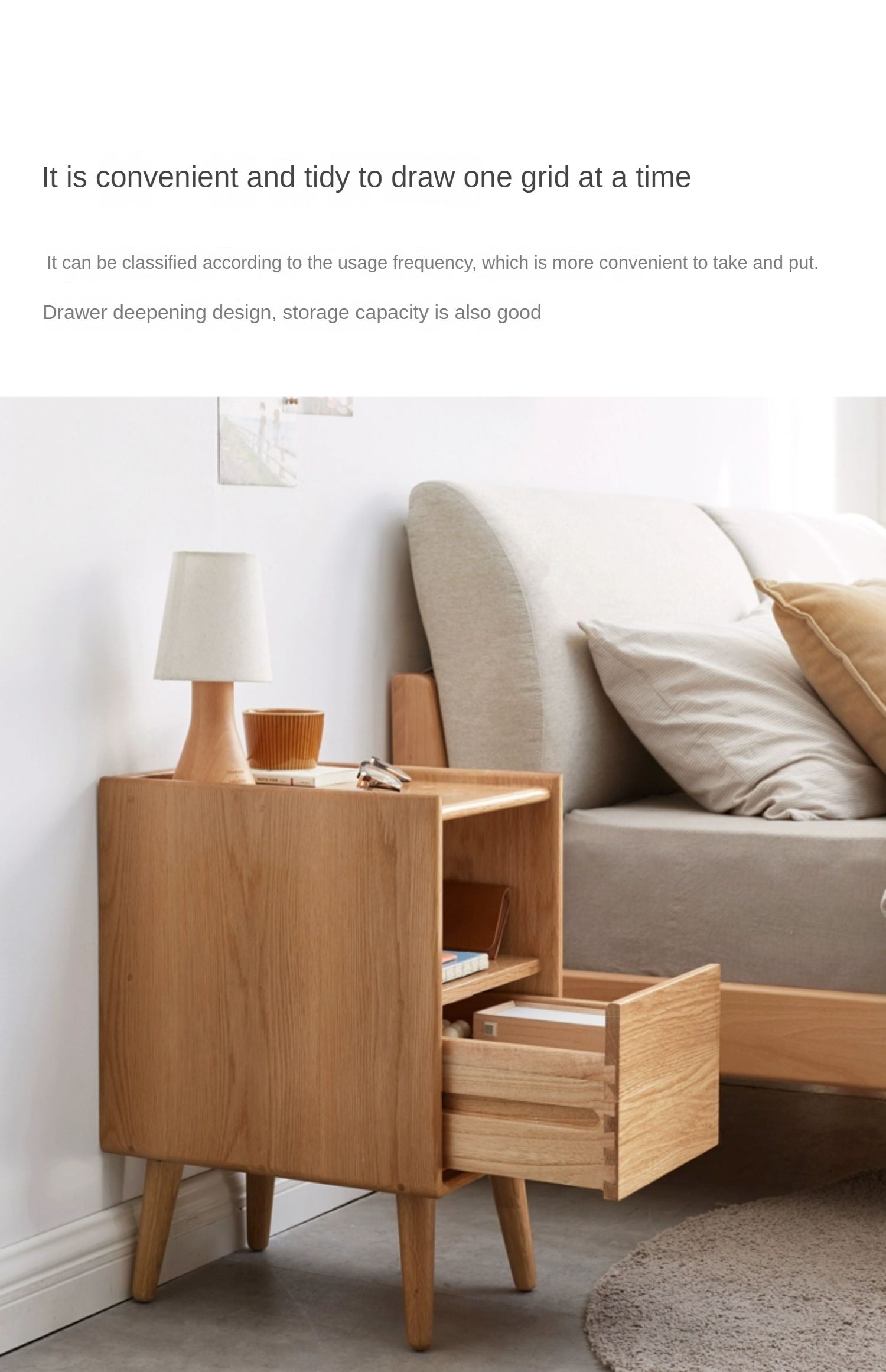 Oak Solid Wood, Solid Rubberwood Ultra-Narrow Nightstand.