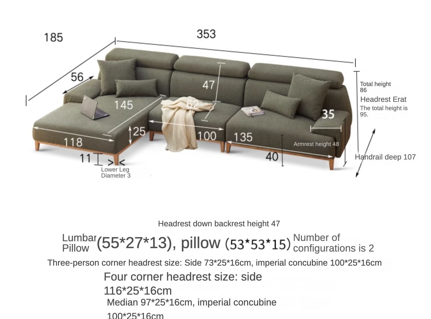 Fabric Modern Corner Sofa with High Back, Frame - Russian Larch