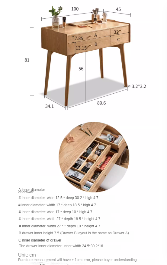 Ash Solid Wood Dressing Table LED Makeup Mirror.