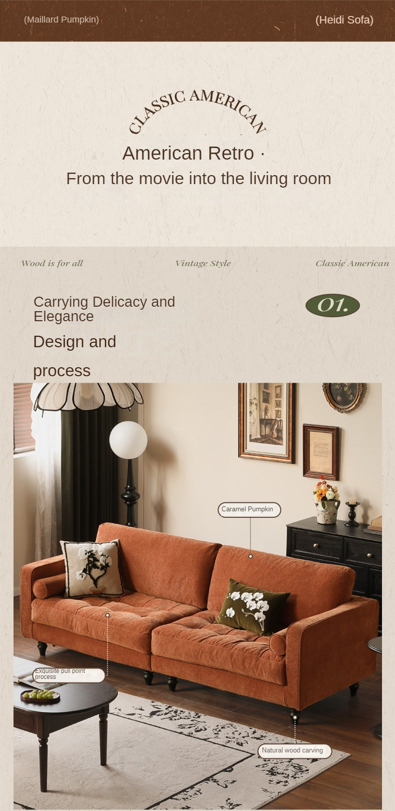 Fabric American Retro Straight Sofa-