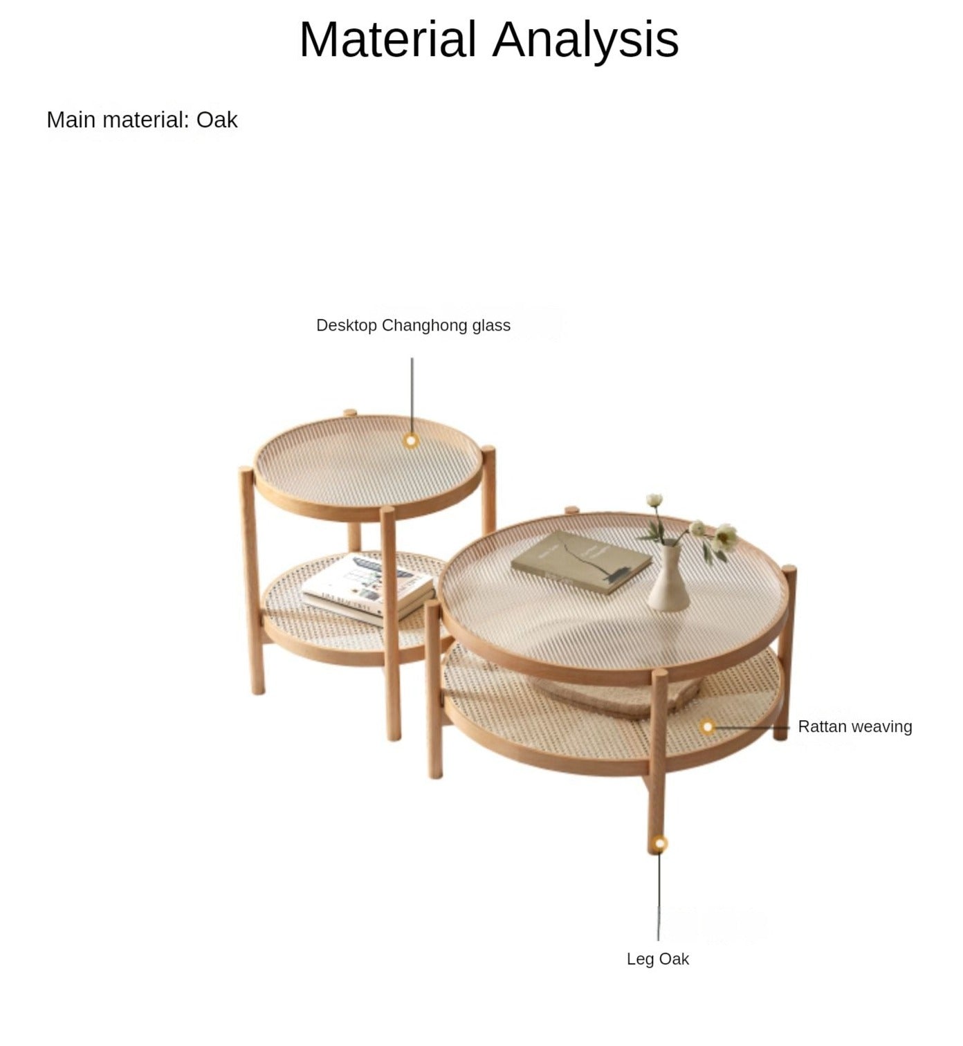 Oak Solid Wood, Glass, Rattan Coffee Table