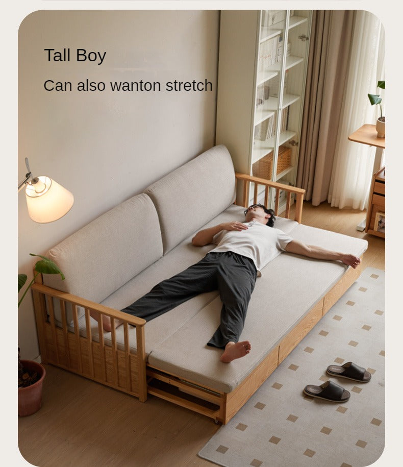 Oak Solid Wood Sitting and Sleeping Dual-purpose Storage Sofa.