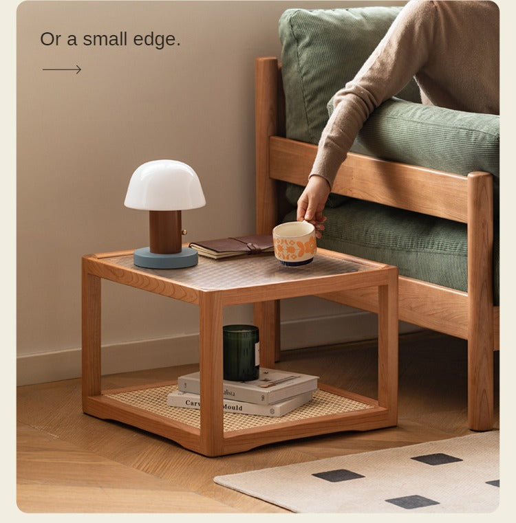 Cherry Solid Wood Square Retro Rattan Coffee Table