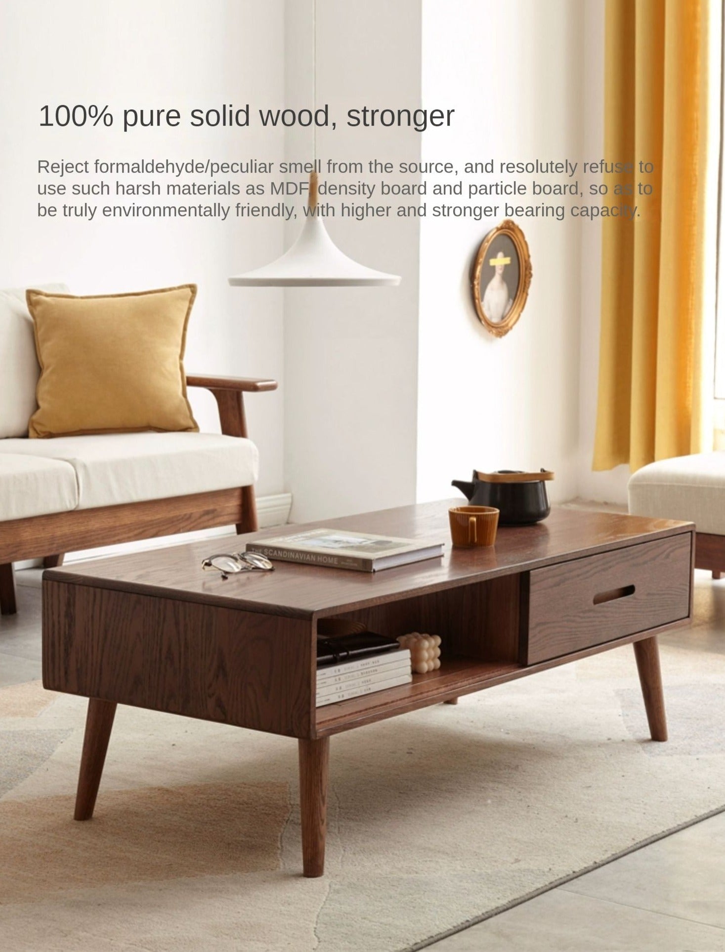 Oak, Solid Rubberwood Two-Drawer Coffee Table Walnut Color