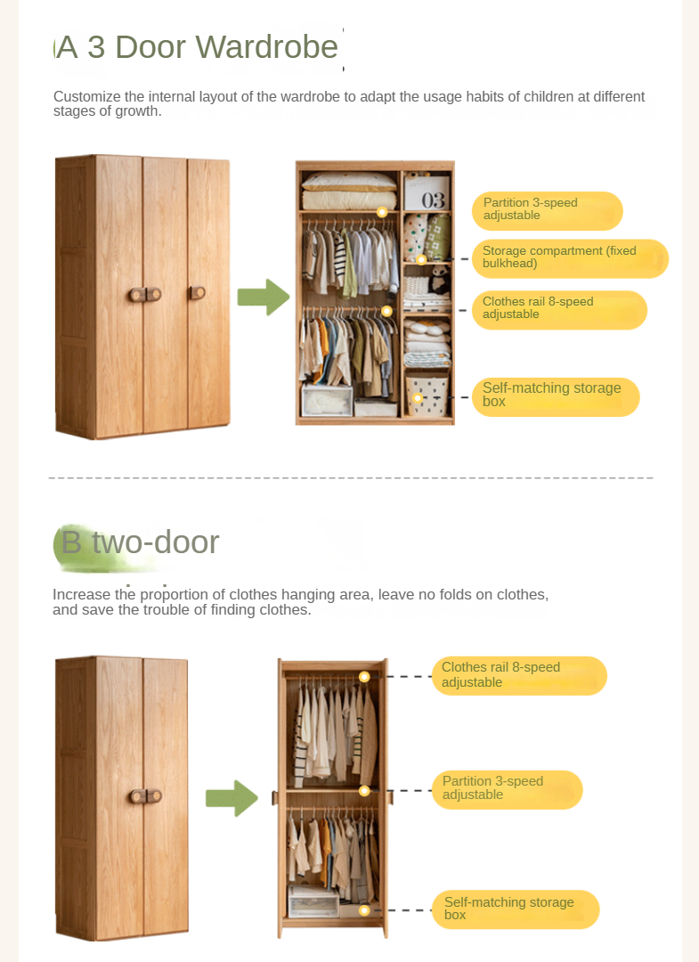Oak Solid Wood Children's Wardrobe -