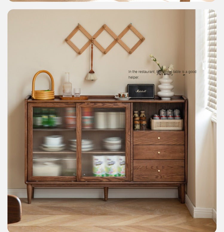 Oak, Ash, Black Walnut, Cherry, Beech Solid Wood, Solid RubberWood Ultra-thin Sideboard Sliding Door