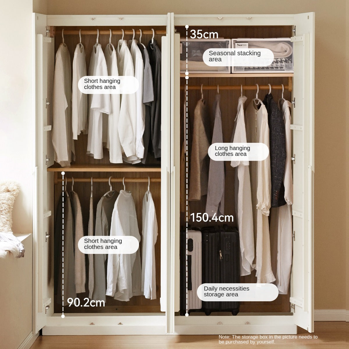 Beech, Rubber Solid Wood Cream Style Nordic Wardrobe