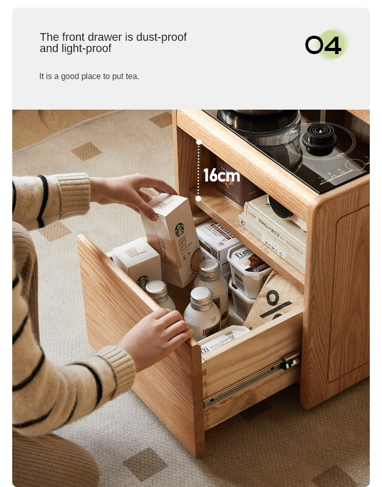 Oak, Black Walnut Solid Wood Movable Tea Cabinet With Tea Maker