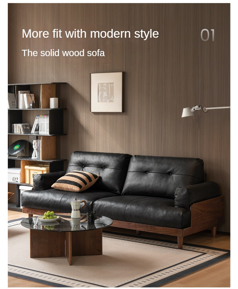 Black Walnut Solid Wood Genuine Leather, Fabric Sofa