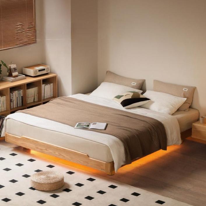 Oak, Beech Solid wood modern platform bed, headboard-free suspended bed with light