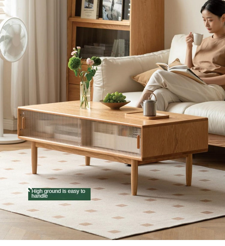 Oak, Beech, Solid Rubberwood Glass Doors Coffee Table