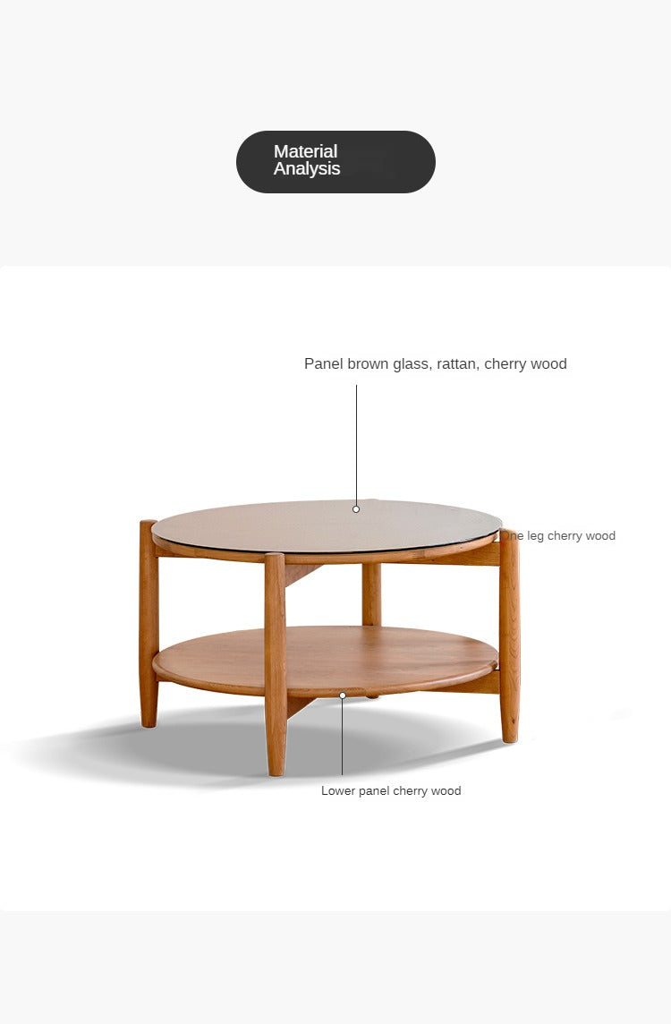 Cherry Wood Rattan Vine Weaving Glass Retro Coffee Table Combination