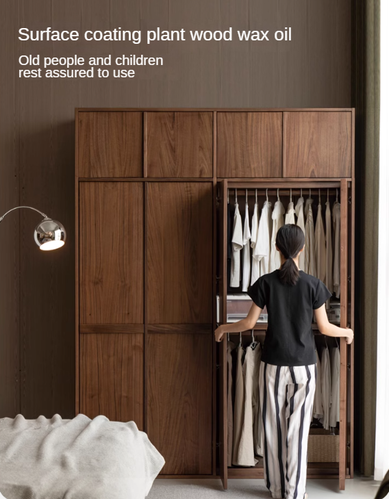 Oak, Cherry Wood, Black Walnut Solid Wood Retro Style Skeleton Line Large Wardrobe.