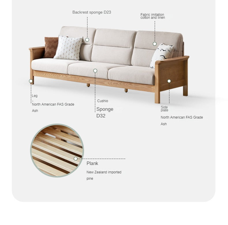 Ash Solid Wood Modern High Back Sofa.