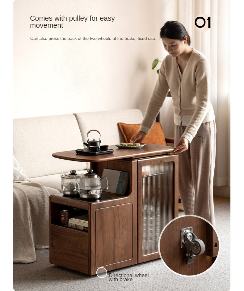 Black Walnut, Oak Solid Wood Movable Tea Cabinet With Tea Maker